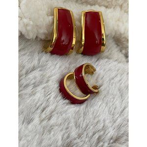 Vintage Avon Gold Tone Red Enamel Semi-Hoop Earrings - 2 Pairs